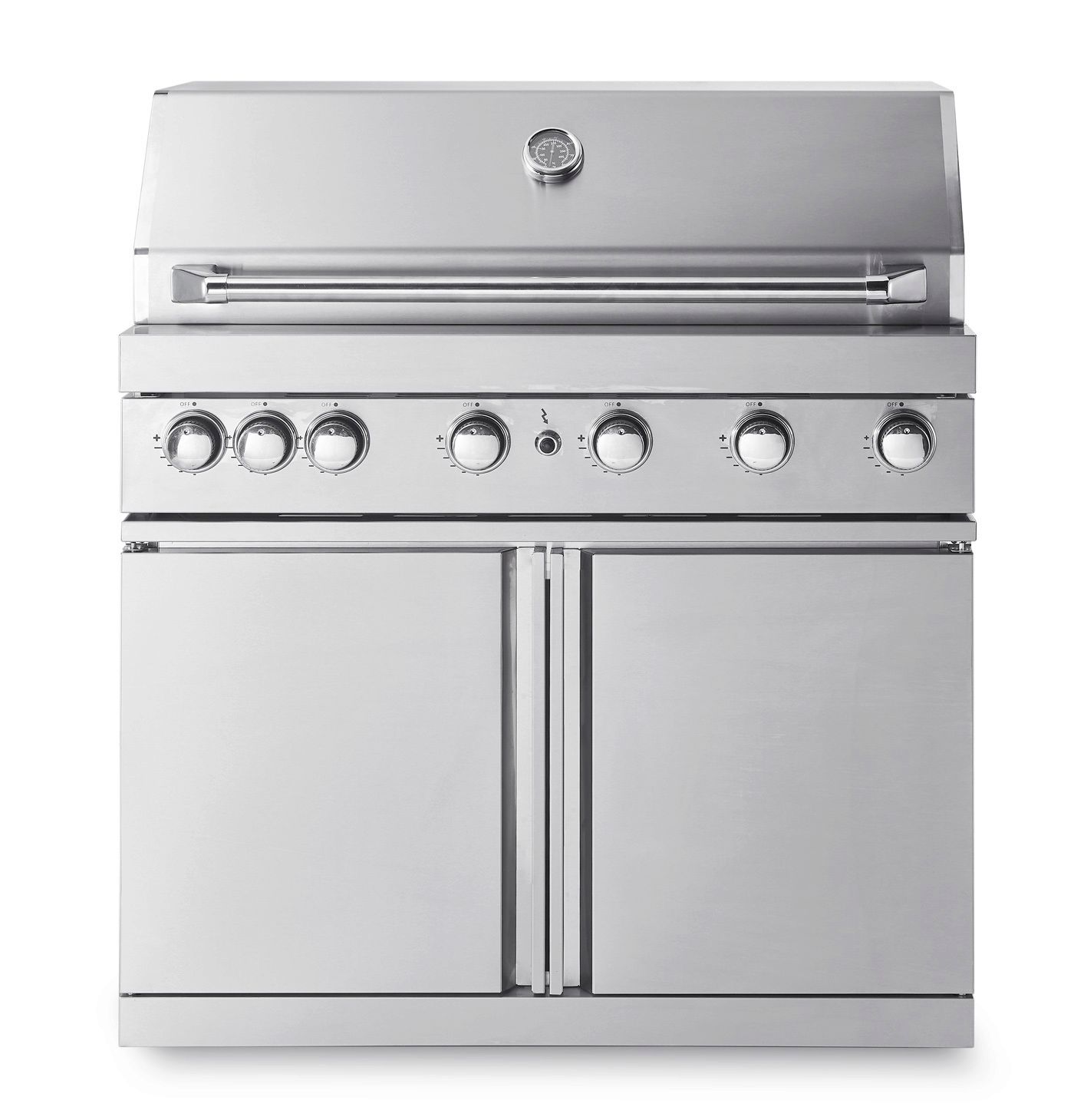 Free-standing gas grill with 6 burners and a side burner