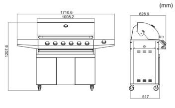 Free-standing gas grill with 6 burners and a side burner     
